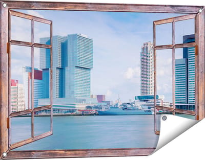 Gards Tuinposter Doorkijk Rotterdamse Skyline aan het Water - 90x60 cm - Tuindoek - Tuindecoratie - Wanddecoratie buiten - Tuinschilderij