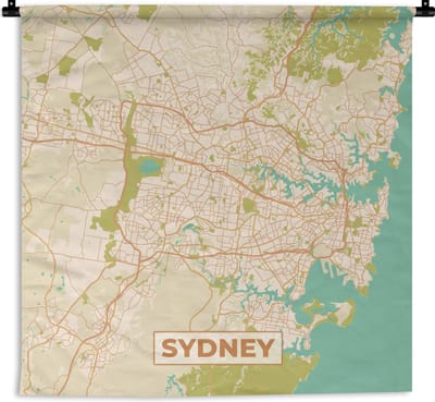 Wandkleed - Wanddoek - Sydney - Vintage - Plattegrond - Stadskaart - Kaart - 180x180 cm - Wandtapijt
