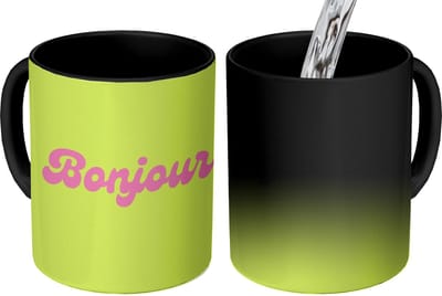 Magische Mok - Foto op Warmte Mokken - Koffiemok - Groen - Roze bonjour - Retro - Magic Mok - Beker - 350 ML - Theemok