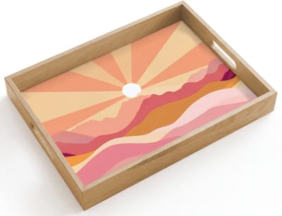 Dienblad hout 40x30 cm - Schootdienblad - Bergen - Abstract - Zonnestralen - Roze - Borrelplank rechthoek - Plateau dienbladen