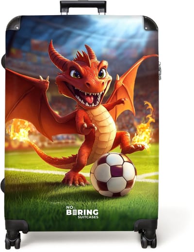 NoBoringSuitcases.com® - Koffer groot - Reiskoffer lichtgewicht - Rode draak voetbalt in zonnig stadion - Rolkoffer met 4 wielen - Grote trolley XL - 98 liter bagage