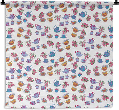 Wandkleed - Wanddoek - Patronen - Thee - Rozen - Theepot - 180x180 cm - Wandtapijt