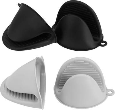 Daity 4-pack hittebestendige siliconen ovenwanten - siliconen keuken pannenlappen - mini rubberen ovenwanten - schattige kookwanten (Zwart - grijs)