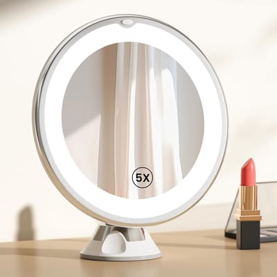 Famanu – Draagbare verlichte tafelspiegel 5x vergroting, draaibaar, zuignap, compact en mee te nemen, make-up en detailwerk onderweg