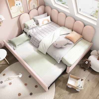 Gestoffeerd Kinderbed 90x200 cm met Uitschuifbed 90x190 cm – 2-in-1 bed met Extra Slaapplaats – Roze Fluweel – Inclusief Lattenbodems