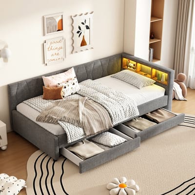 Gutent Slaapbank, Grijs (Zonder matras), 90*200 cm, Opbergvak naast bed, USB+C type, afstandsbediening voor LED sfeerlicht, met twee laden, met lattenbodem, linnen, dagbed