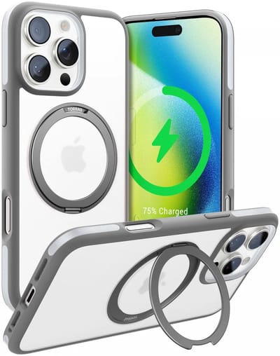 TORRAS Hoesje Geschikt voor Apple iPhone 16 Pro - UPRO Ostand R Fusion - Compatibel met MagSafe - 360° Draaibare Standaard - Back Cover Kickstand Ring - Grijs