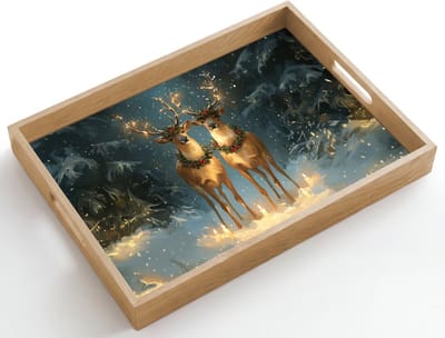 Dienblad hout 50x35 cm - Schootdienblad - Dennensprookje - Rendier - Nacht - Borrelplank rechthoek - Plateau dienbladen