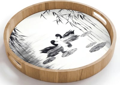 Dienblad rond 40x40 cm - Schootdienblad hout - Eenden - Waterlelies - Riet - Zwart - Borrelplank rechthoek - Plateau houten dienbladen