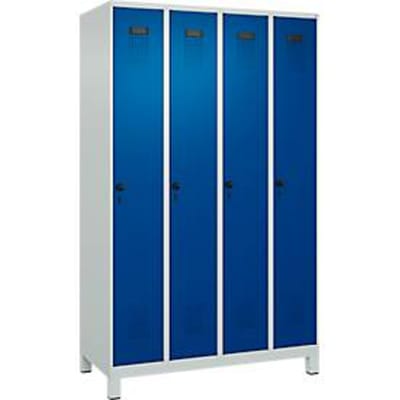 C+P Evolo Plus garderobekast, 4 vakken, 300 mm vakbreedte, met voetjes, rechts scharnierend, veiligheidsdraaigrendel, soft-close, inbraakwerend, B 1200 x D 500 x H 1950 mm, lichtgrijs RAL 7035/enziaans blauw RAL 5010