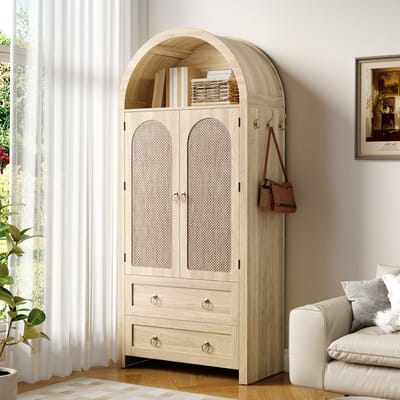 Wishdor Dressoir - Rattan Deuren - Dubbele Lades - Open Boogvak - Metalen Handgrepen - MDF - Eikenkleur - 80 X 40 X 180 Cm