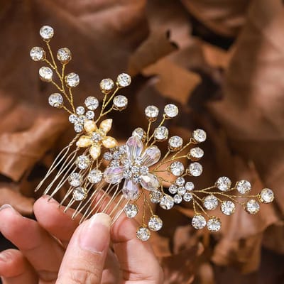 Bruidshaaraccessoire Goud Zij-/Haarkam met Kristal en Parels voor Bruiloft