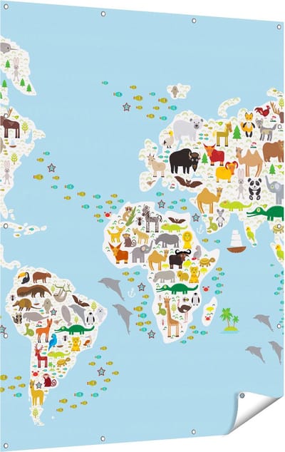Gards Tuinposter Wereldkaart met Dieren - 120x160 cm - Tuindoek - Tuindecoratie - Wanddecoratie buiten - Tuinschilderij