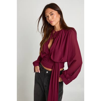 boohoo Dames Gedrapeerde chiffon blouse met diepe V-hals | Plum | Maat: 10