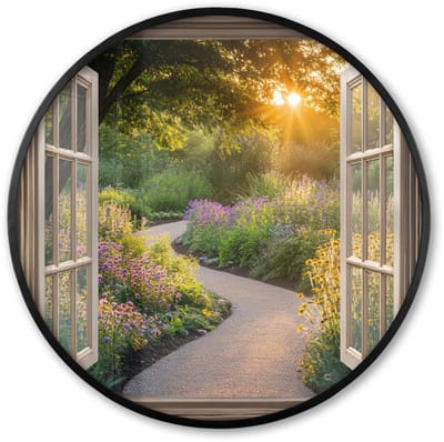Poster in lijst Rond - Fotolijst 60x60 cm - Posters - Doorkijk - Bloemen - Natuur - Zon - Pad - Ronde posterlijst zwart - Decoratie - Wanddecoratie woonkamer - Muurdecoratie slaapkamer