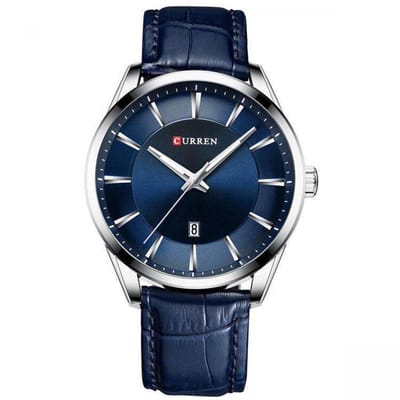 Curren Mannen Horloge Ø 50 - Met Datumaanduiding - Blauw/Blauw - Kunstleer - Inclusief Horlogedoosje
