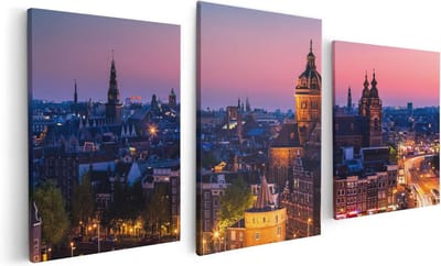 Artaza Canvas Schilderij Drieluik Amsterdam Skyline Bij Zonsondergang  - 120x60 - Foto Op Canvas - Canvas Print
