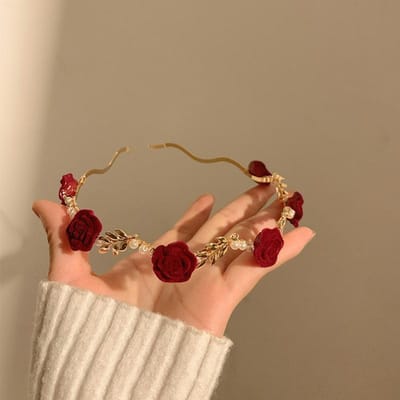 Dames Elegante Rozenrank Haarband Haaraccessoires Hoofddeksel Meisjes Vintage Metalen Bloem Parel Rode Roos Tiara Haarbanden brown