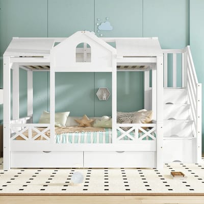 Sweiko Stapelbed - 90x200cm & 140x200cm - 2 lades - Opbergruimte - Grenenhout + MDF - Kinderbed - Wit