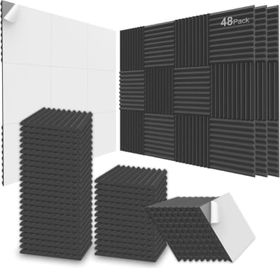 Famanu – Akoestische schuimplaten, 48 stuks, 30 x 30 cm, geluiddichte wandpanelen, zelfklevend, voor huis, kantoor en studio, zwart