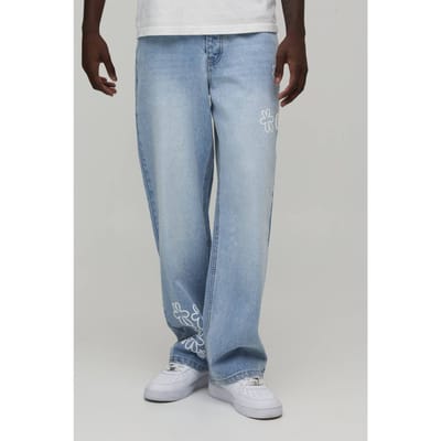 Relaxed Fit Jeans Met Bloemen Puff Print | Light Wash | Size 44R