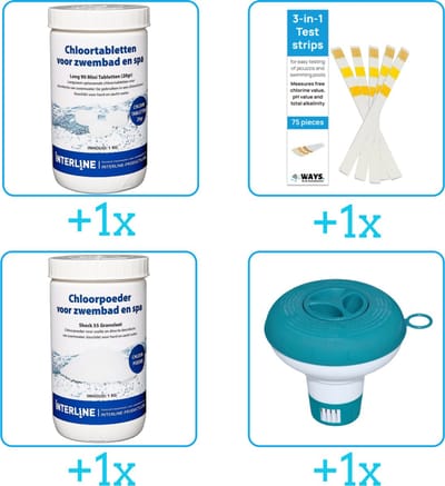 Zwembad Onderhoudspakket - Onderhoud Zwembad - bevat Chloor - Testrips - Chloor en Chloordrijver (4-delig)