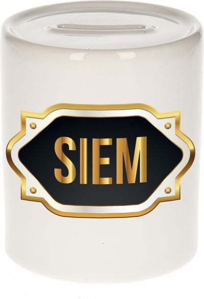 Spaarpot met voornaam Siem - wit - met goud/zwart embleem - 8 x 9 cm - keramiek - met afsluitdop - cadeau verjaardag