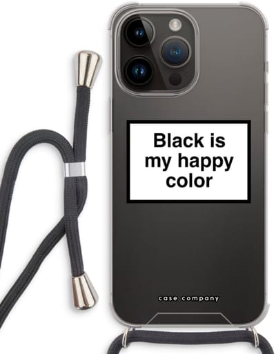 Case Company® - Hoesje met koord geschikt voor iPhone 14 Pro Max hoesje met Koord - Black is my happy color - Telefoonhoesje met Zwart Koord - Bescherming aan alle Kanten en Over de Schermrand