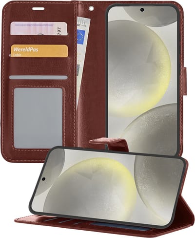 Hoesje - Met Pasjeshouder - Geschikt voor Samsung Galaxy S24 - Luxe Bookcase Portemonee - Flip Case - Kunstleer Book Case - Flipcase - Book Cover - Walletcase - Portemonneehoes - Telefoonhoesjes - Bruin