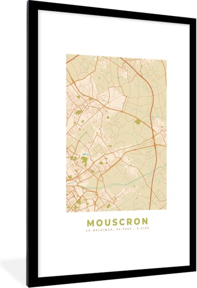 Fotolijst incl. Poster - Plattegrond - Kaart - Mouscron - Stadskaart - Retro - Mouscron - 80x120 cm - Posterlijst