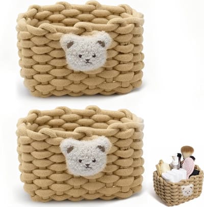 2-delige set gevlochten opbergmanden van katoenen touw, kleine vierkante babyopbergmand, stapelbare wiegtafelmand, voor babykamer, badkamer, woonkamer, bruin