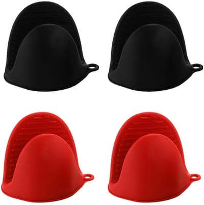 Dailygoods - 2 paar siliconen ovenhandschoenen, mini-pannenlappen, pinch-handgreep voor broodrooster, hittebestendig, keukenhandschoenen, grillhandschoen voor koken, bakken, grillen (zwart en rood)