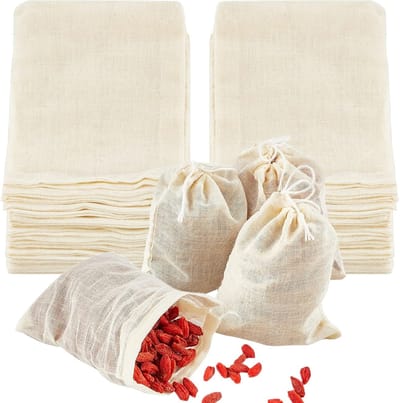 PolkaHome® 100 katoenen mousseline kruidenzakjes, 6 x 8 cm. herbruikbare zakjes met trekkoord, katoenen zakjes, linnen zakjes met koord, herbruikbare katoenen zakjes, jute zakjes klein, Kleine stoffen Uitdeelzakjes, Inpakzakjes, Kinderfeestjes