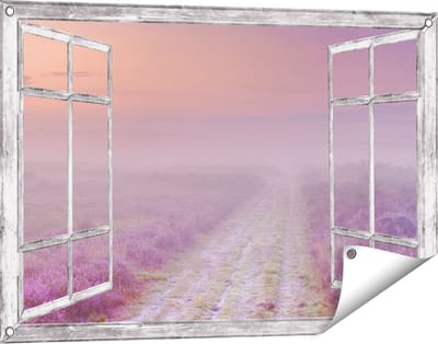 Gards Tuinposter Doorkijk Pad in de Weide tijdens de Mist - 90x60 cm - Tuindoek - Tuindecoratie - Wanddecoratie buiten - Tuinschilderij