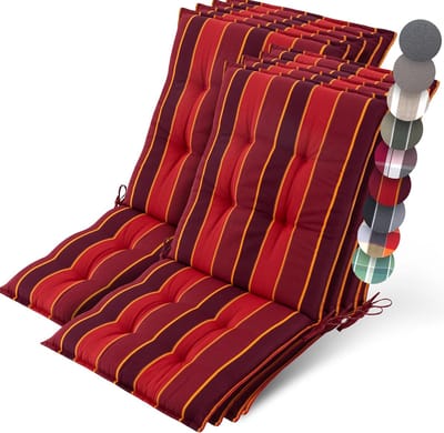 Beautissu Sun-NL – Set van 8 Premium Lage Rugleuning Kussen 100x50 cm - UV-bestendig & 8cm Dik Kussen Tuinstoelkussen Antislip Bevestigingsbanden – Stevige Stof Rood Gestreept