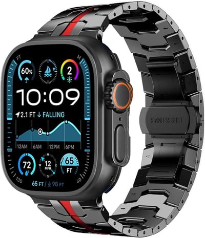 Stravo Premium RVS Schakelband met Vlindersluiting – Iron Style Metalen Horlogebandje – Geschikt voor Apple Watch 42mm (Series 11/10), 41mm (Series 9/8/7), 40mm (Series 6/5/4/, SE 1/2/3), 38mm (Series 3/2/1) – Zwart/Rood