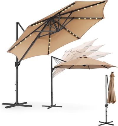 Zweefparasol Ø300 cm met LED Verlichting & Zonnepaneel – 360° Draaibaar, Traploos Kantelbaar, UPF 50+ UV Bescherming, Inclusief Kruisvoet – Camelbruin – Nicolehome