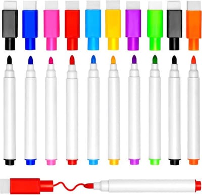 Magnetische Whiteboard Stiften - Set van 10 Stuks - Fijne Punt (Fine Tip) - Droog Uitwisbaar met Ingebouwde Wisser - 9 Kleuren Markers - Voor School- Kantoor - Koelkast - Niet-Giftig