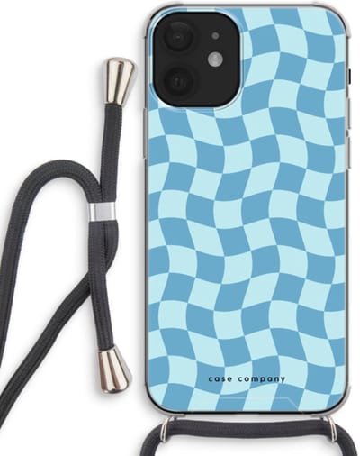 Case Company® - Hoesje met koord geschikt voor iPhone 12 mini hoesje met Koord - Grid Blauw - Telefoonhoesje met Zwart Koord - Bescherming aan alle Kanten en Over de Schermrand