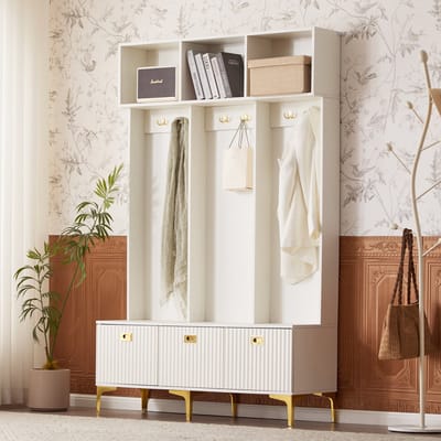 Wishdor Garderobekast Met Zitbank - Hoogglans Geribbelde Deurpanelen - 6 Goudkleurige Haken En Poten - Wit - 120 X 23,5 X 191,5 Cm
