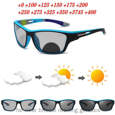 Lunettes de lecture multifocales sportives pour hommes Presbytie Lunettes de lecture bifocales d'extérieur Lunettes de soleil bifocales photochromiques Sun NX 0 bleu