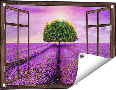 Gards Tuinposter Doorkijk Groene Boom in de Lavendel Bloemen - 60x40 cm - Tuindoek - Tuindecoratie - Wanddecoratie buiten - Tuinschilderij