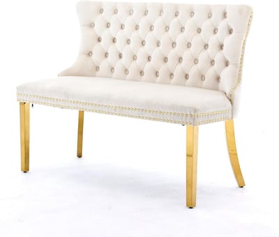 Eetkamerbank Fluweel - Tweezitsbank Gestoffeerd - Gezellig Tafelen - Geknoopte Rugleuning - 116 x 57.5 cm - Beige