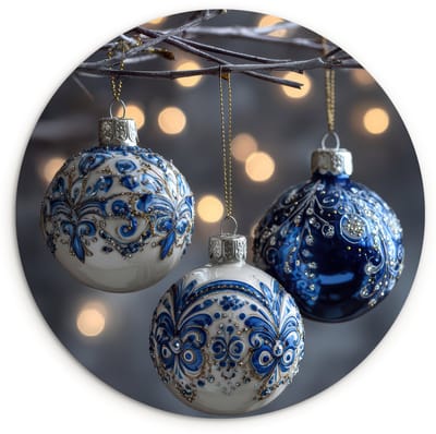WallCircle® Wandcirkel 120x120 cm - Muurcirkel Kerstbal - Versierd - Blauw - Muurdecoratie woonkamer - Wanddecoratie slaapkamer - Kamer decoratie accessoires - Ronde schilderijen XXL