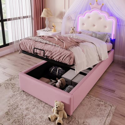 MODFU Bedframe 90x200 cm – Roze PU met prinsessenstijl & LED – Hydraulisch