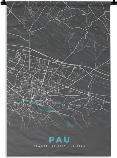 Wandkleed - Wanddoek - Pau - Stadskaart - Kaart - Plattegrond - Frankrijk - 120x180 cm - Wandtapijt