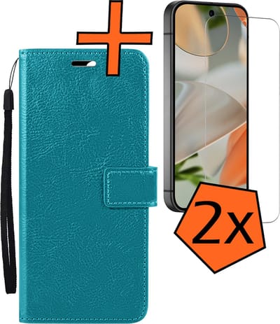 Hoes - Met 2x Screenprotector - Geschikt voor Google Pixel 9 - Luxe Pasjeshouder - Bookcase Portemonee - Flip Case - Kunstleer Book Case - Flipcase Hoes - Book Cover - Walletcase - PortemonneeHoes - Turquoise
