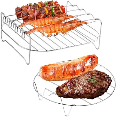 2 Stuks Grillrek voor Luchtfriteuse, Roestvrij Staal Airfryer Accessoires, Dubbellaags Rack met 4 Spiesen