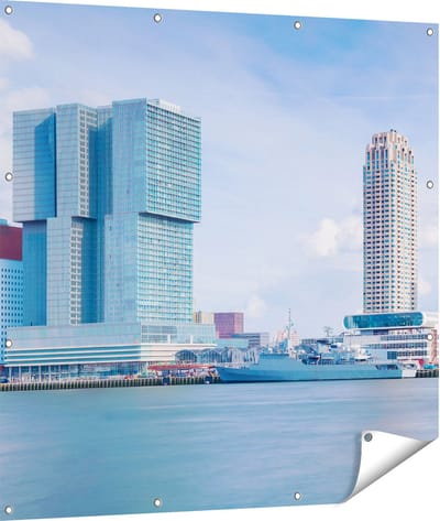 Gards Tuinposter Rotterdamse Skyline aan het Water - 110x110 cm - Tuindoek - Tuindecoratie - Wanddecoratie buiten - Tuinschilderij