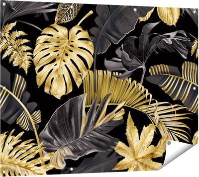 Gards Tuinposter Gouden Tropische Bladeren - 120x90 cm - Tuindoek - Tuindecoratie - Wanddecoratie buiten - Tuinschilderij